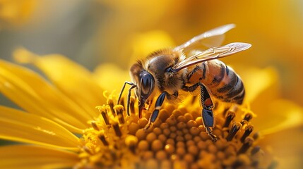 Closeup of a honeybee pollinating a yellow flower