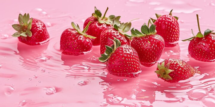 Fresh strawberries falling into water with ripples and splashes on pink background