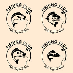 Set of fishing logo. Fishing vector collection for logo, stamp, emblem, badge. Fishing sport. Fishing logo with rod. Vintage fishing club logo 