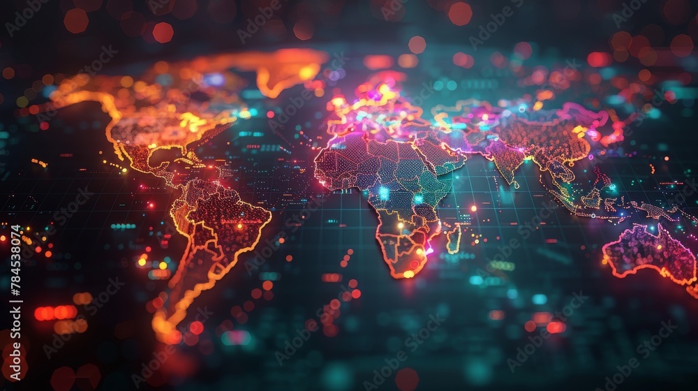 Poster concept of global network on abstract futuristic world map in electronic theme
