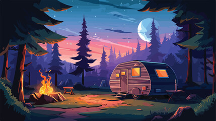 Trailer camp in night forest. Vector cartoon illustration