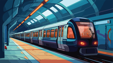Train on subway station. Underground city metro rai - obrazy, fototapety, plakaty