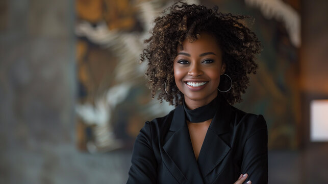 close-up of a nice black woman boss in a strict black suit smiling sincerely 