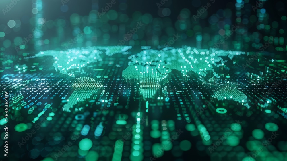 Poster An image that represents technological advancement, combined with a world map in binary code.
