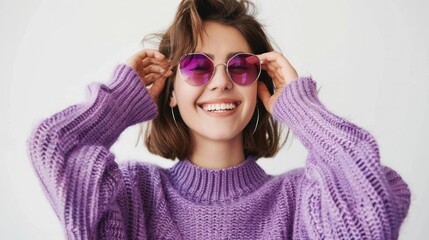 Naklejka premium Confident woman wearing purple sweater and sunglasses posing with hands on head looking at camera