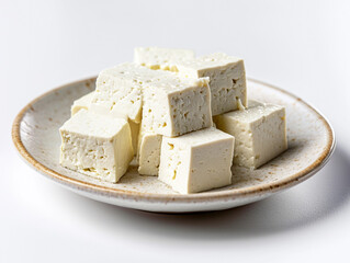 A plate with a stack of white cubes of tofu. Isolated on white background. 