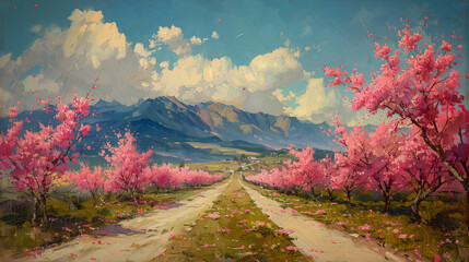 Dirt Road With Pink Flowers Painting