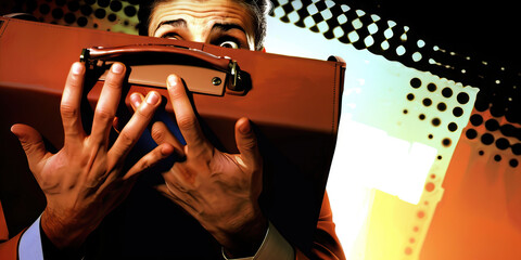 Crimson Career Crisis: A person's hands clutching a briefcase, eyes wide with fear, symbolizing the stress and anxiety of job insecurity. - obrazy, fototapety, plakaty