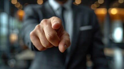 Businessman pointing his finger at the camera with a blurred background.