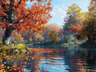 Obraz premium Tranquil Autumn Pond SurroundedColorful Foliage in Peaceful Scene