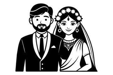 wedding Indian couple clipart black and white on white background