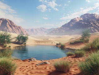 Tranquil Oasis: Serene Refuge in Barren Desert Sands - Desert Blissful Haven.