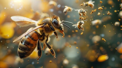 Macro photography of a Halictidae bee flying surrounded by other bees - obrazy, fototapety, plakaty
