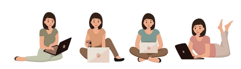 girls with laptop on white background vector set. collection of girls with a laptop lying, sitting on a white background vector casual style