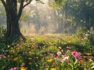 Sunlit Forest Floor Covered in Wildflowers Nature Scene Photo