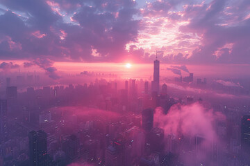 City Sunset - Modern Pink and Violet Skyscraper Skyline