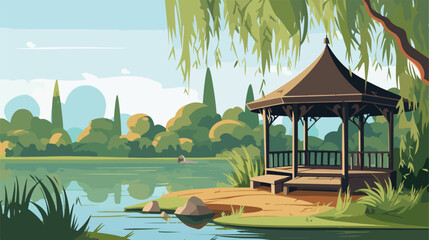 Tranquil lakeside gazebo surrounded by weeping will - obrazy, fototapety, plakaty