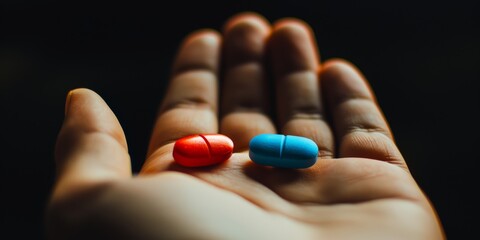 Hand holding a blue and red pills on a black background. Focus on foreground.