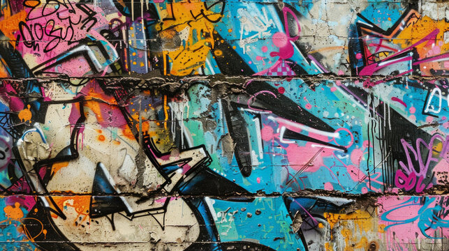 A wall covered in graffiti with a blue and pink section