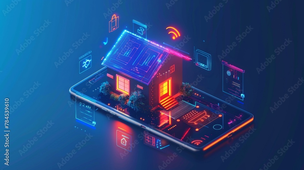 Poster IoT technology controlled smart home smartphone. Internet of things device used in home automation system. A small house stands on screen with mobile phone, wireless connection and icons displaying