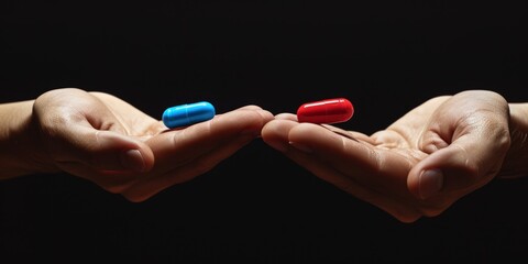 mysterious man give Red and blue pills on two hand isolated on black background,
