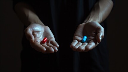 mysterious man give Red and blue pills on two hand isolated on black background,