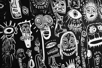 Cartoon face doodles white on black wall funny abstract weird monster creature