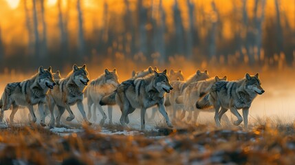 Wolf pack on the prowl in forest at dusk, showcasing the intricate social dynamics and natural...