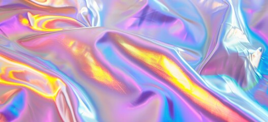 Colourful holographic gradient pastel wrinkled cloth fabric foil abstract retro futuristic background.