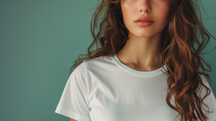 young woman in white blank t-shirt on color background