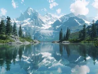Fototapeta premium Serene Mountain Lake Reflecting Surrounding Scenery in Summer Afternoon Glow