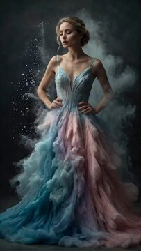 A beautiful woman wearing a stunning dress stands in the centre of a mesmerizing explosion of pastel colored powder