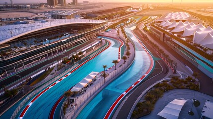 The Formula One racing track map of Yas Marina Circuit in Abu Dhabi, UAE, is displayed, detailing the specific layout of the track for racing enthusiasts and visitors - obrazy, fototapety, plakaty