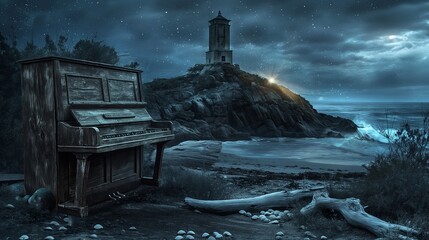 Envision a secluded cove where a weathered piano sits amidst driftwood and seashells - obrazy, fototapety, plakaty