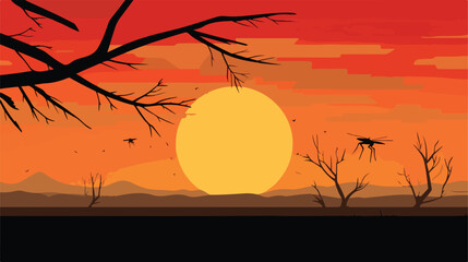 Tree branches at sunset. Mosquito. 2d flat cartoon