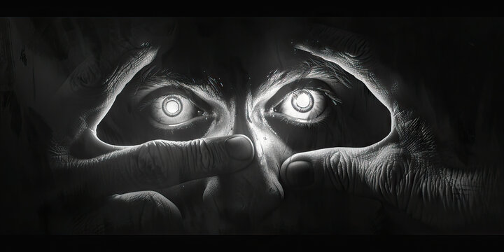 Dreadful Darkness: Hands fumbling for a light source, eyes straining in the dark, depicting fear of the unknown