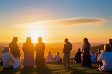Easter sunrise service: worshippers gather outdoors, witness sunrise, symbolizing hope and renewal.