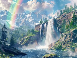 Awe-Inspiring Waterfall SurroundedVibrant Rainbow in Pristine Wilderness