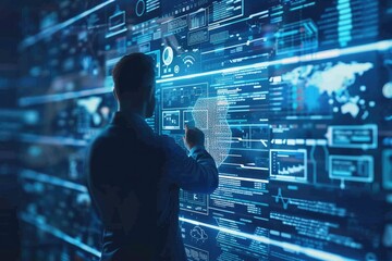 Illustration of an IT consultant presenting a tag cloud about information technology. This image visualizes the concept of IT consulting and the use of tag clouds for data visualization. 