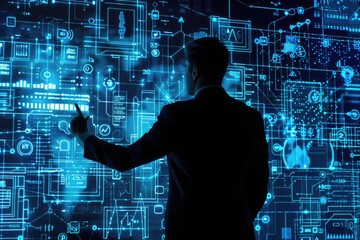 Illustration of an IT consultant presenting a tag cloud about information technology. This image visualizes the concept of IT consulting and the use of tag clouds for data visualization. 