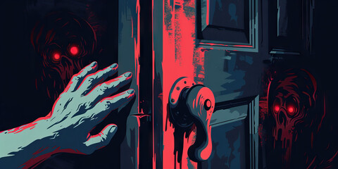 Haunted House Horror: A person's hands gripping a doorknob, eyes locked on eerie shadows, capturing the fear of exploring a haunted house - obrazy, fototapety, plakaty