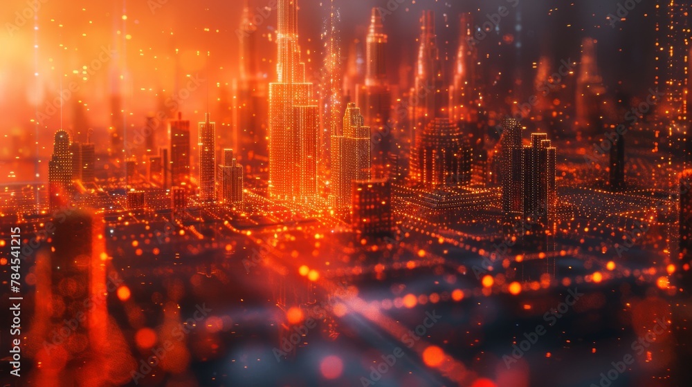 Poster Digital skyline rendering with binary code particles. Technology and connection concept with architectural background.