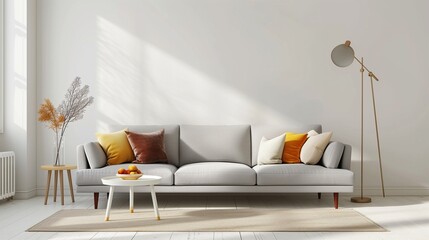 Gray sofa with colored pillows, table with dry plants, white tea table, floor lamp, on light wall background