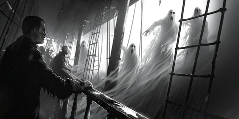 Ghost Ship Gloom: Hands gripping the railing, eyes searching for phantom sailors, in a chilling depiction of encountering ghosts on a ship