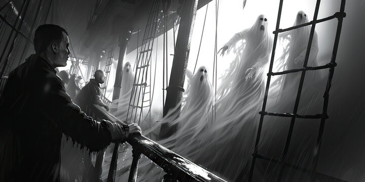 Ghost Ship Gloom: Hands gripping the railing, eyes searching for phantom sailors, in a chilling depiction of encountering ghosts on a ship