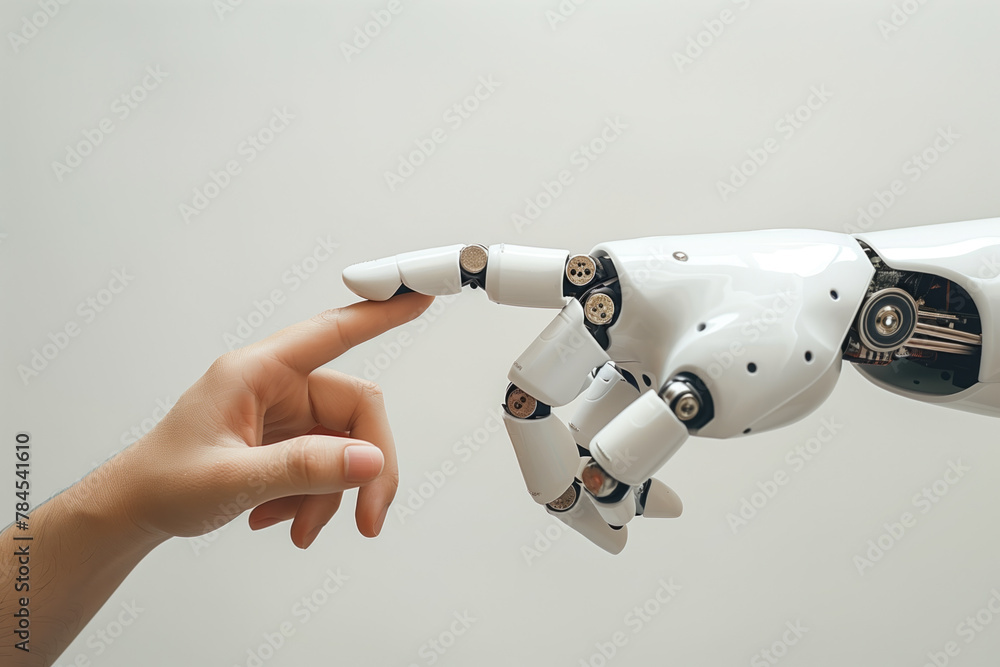 Poster human and robot hand about to touch in a moment symbolizing the intersection of technology and human