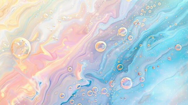 Marble with pastel pastels and foam bubbles background. Summer beach scene.