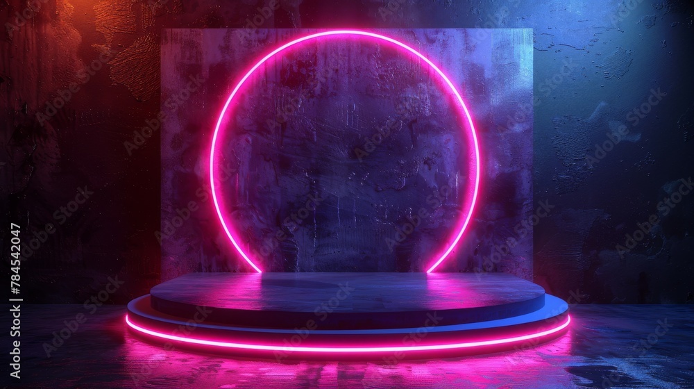 Aufkleber 3D rendering of a blank product stand with neon lights on a dark background.