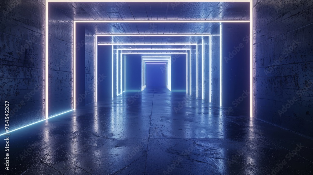 Poster The 3D rendering illustrates a futuristic dark room with neon lights and empty space at the center of the scene