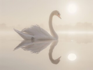 Graceful Swan Gliding Serenely Across Glassy Lake Reflection Portrait Image Sunrise Morning Peaceful Position.